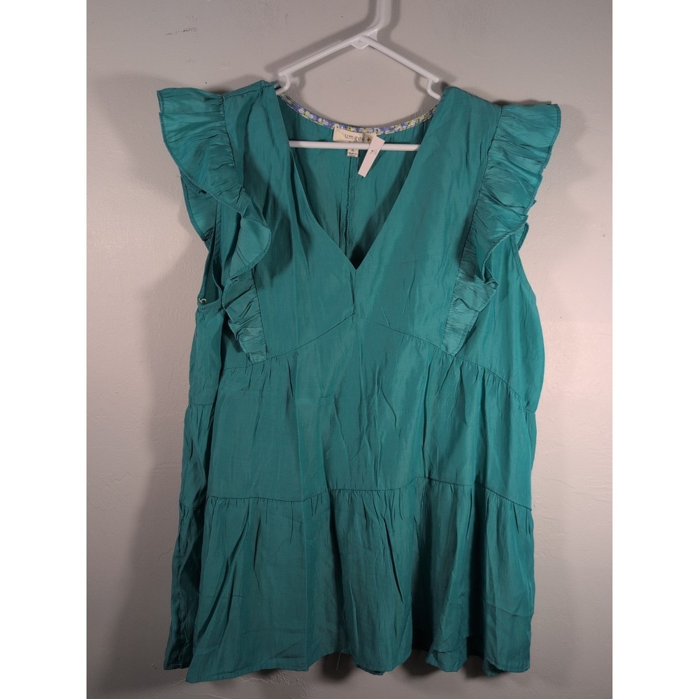 Umgee Tiered Ruffle Babydoll Blouse Womens Size XL Teal Blue V-Neck Top